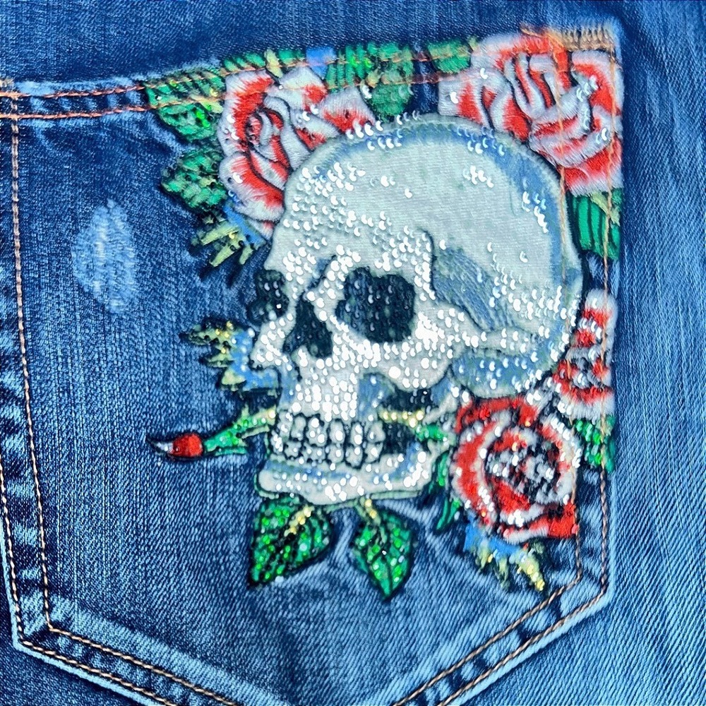 Ed Hardy Mens Rhinestone‎ Skull Rose Distressed Straight Leg Jeans Blue Size 38